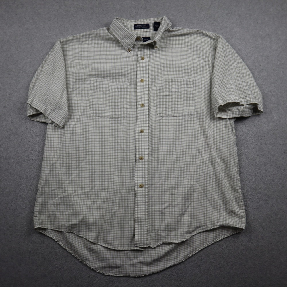 Van Heusen Button Down Mens XL Tan White Micro Check Wrinkle Free Short Sleeve